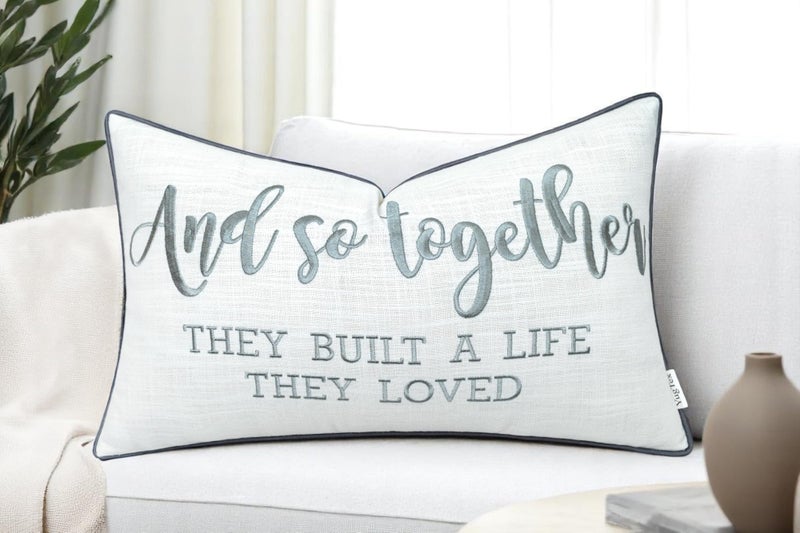 YugTex Romantic Couple Love Sentiment Embroidered Decorative Sayings Lumbar Accent Throw Pillowcase - and So Together Phrase Decor for Wedding, Anniversary, Valentine - 12x20 Inches, Ivory-Grey - Image 1